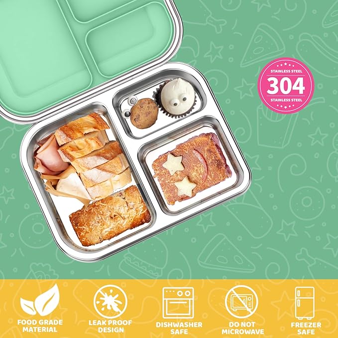Stainless Steel Lunch Box 1000ml - 3 Compartment Bento Box for Kids & Adults, Leakproof Food Container, BPA-Free Metal Lunch Box with Silicone Seal, Eco-Friendly/Dishwasher Safe (Green)