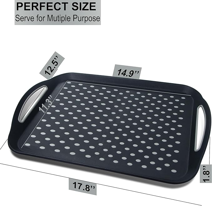 Large Nonslip Serving Tray with Handles, Silicone Grippy Dots Lap Food Trays for Eating, Dishwasher Safe Serve for Breakfast Dinner Snack Fruit Appetizers Beverage, Rectangular, Set of 2, Black