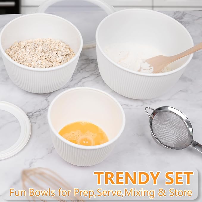 BoxedHome Mixing Bowls with Lids Set, 4 Packs BPA-Free Plastic Prep Bowls for Kitchen, Dishwasher & Microwave Safe, Large Capacity, Beige