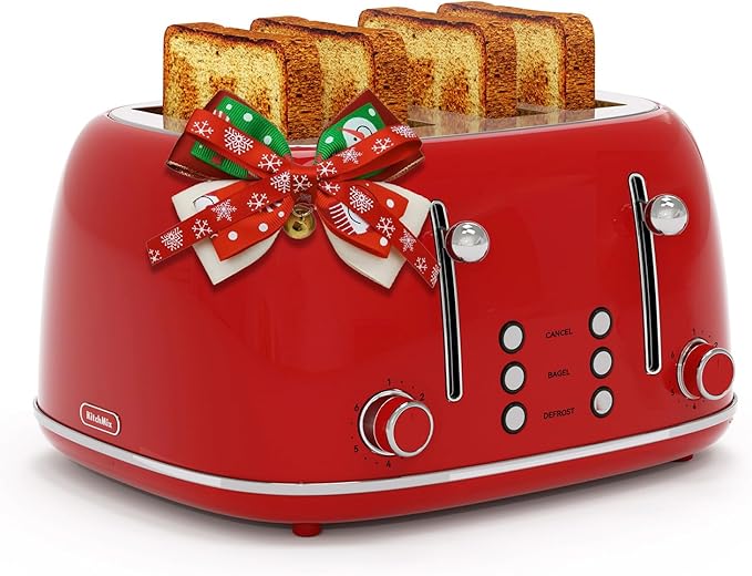 Toaster 4 Slice, Retro Stainless with 6 Bread Shade Settings,1.5''Wide Slots Toaster with Cancel/Defrost/Reheat,Dual Independent Control Panel(Red)