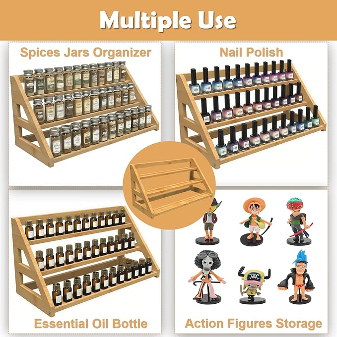 Bamboo Spice Rack: Large Spice Shelf for Kitchen Countertop Pantry Cabinet Organizer, Holds 24 Spice Jars (1.8")