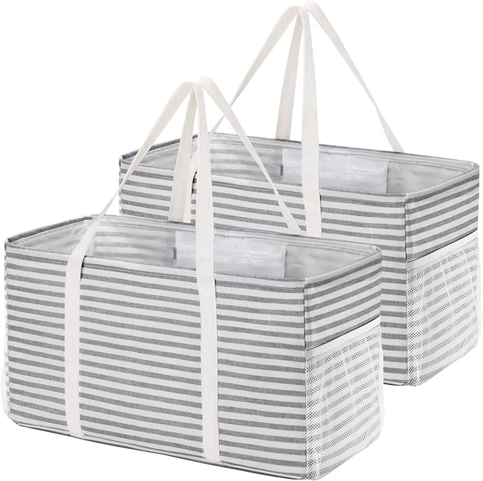Lifewit Extra Large Tote Bag, Reusable Grocery Bags with Metal Wire Frame and Handles, Standing Utility Foldable Shopping Bags for Storage, Picnics, Beach, Pool, Laundry, Car, Camping 2 Packs 46L Grey