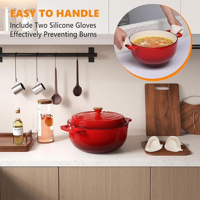 ROVSUN Enameled Cast Iron Round Dutch Oven, 6QT Pot with Lid &Dual Handles with Silicone Gloves,Oven Safe up to 500°F, Heavy-Duty Pre-Seasoned Cookware for Bread Baking, Braising, Stews, Roasting, Red