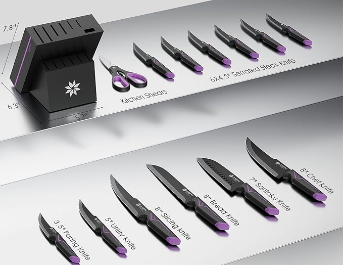 Knife Set - 15 PCS Kitchen Knife Set with Built-in Knife Sharpener Block - Stainless Steel Knife Block Set - Dishwasher Safe, Christmas Elegant Box for Men Women