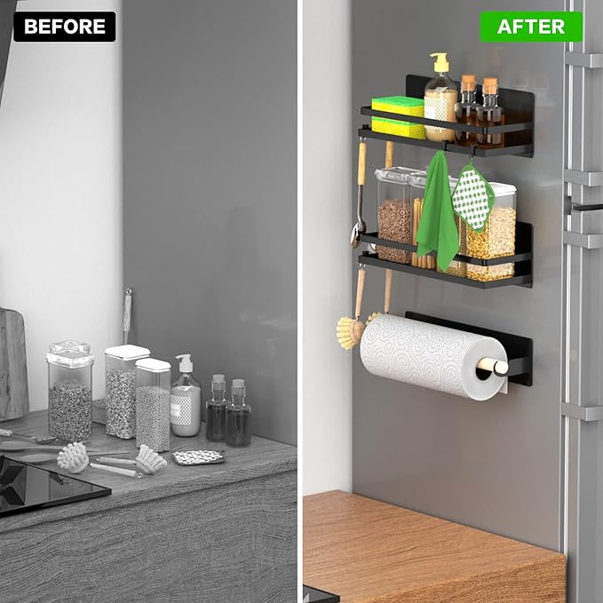 Strong Magnetic Large Shelf Spice Rack Magnetic Paper Towel Holder with Hooks for Refrigerator Fridge Organizer for Kitchen, Space Saver Container for Kitchen Apartment, Drill Free, Black