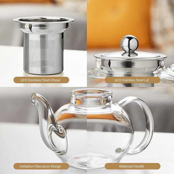 Glass Teapot with Removable Infuser, 27 oz/800ml Glass Tea Pot Small Borosilicate Tea Steeper Kettle with Loose Leaf Tea Strainer For Flower Blooming Tea, ClearTea Maker Pitcher