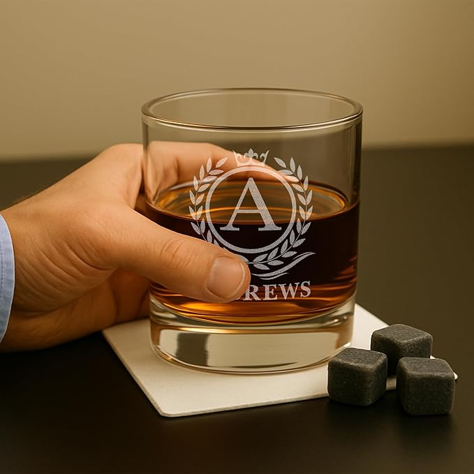 On The Rox Drinks Personalized Whiskey, Bourbon Monogram Glass Gifts - 11 oz Name Monogram Scotch Glass Set of 2 - Custom Cocktail, Rocks, Brandy Glasses