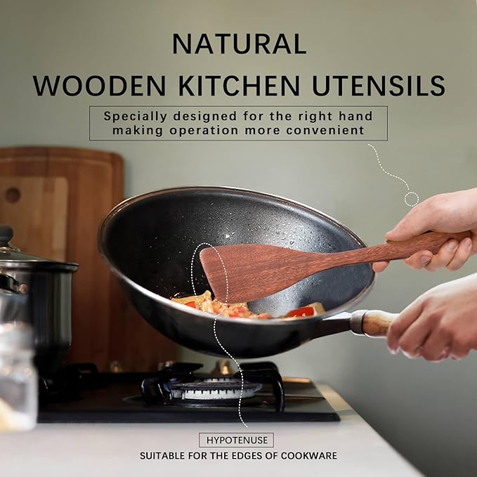 2PCS Wooden Spatulas for Cooking, 12.8inch Coated Mahogany Turners for Frying, Non-Scratch Wood Bevel Spurtle for Pan & Wok, Wooden Cooking Utensils for Non Stick Cookware, Long Handle Scraper