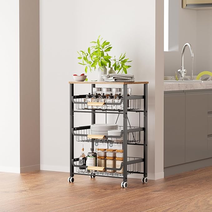 4-Layer Fruit Basket Kitchen Food Storage Organizer and Storage Rack, Stackable Storage cart with Desktop, Pull-Out Hollow Metal Storage Basket, liding Out Storage,White
