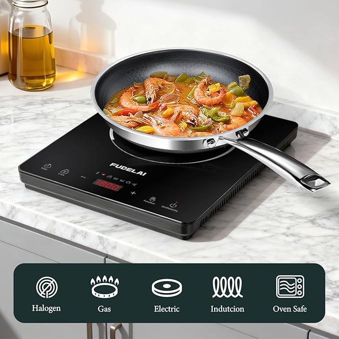 Non Stick 12-Inch Pan, Titanium Hybrid Pan with Lid, Stay-Cool Handle, Professional Frying Pan, Dishwasher Friendly, Oven Safe, Compatible with All Cooktop