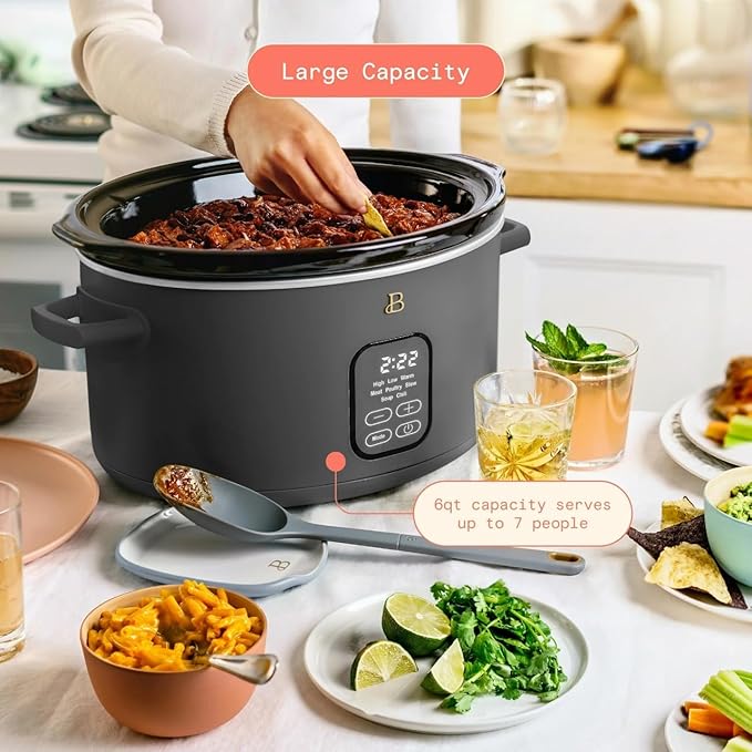 Beautiful 6 Qt Programmable Slow Cooker with Touch Control, Digital Timer and Keep Warm Function – Large Electric pot Capacity Kitchen Appliance by Drew-Barrymore (Oyster Grey)