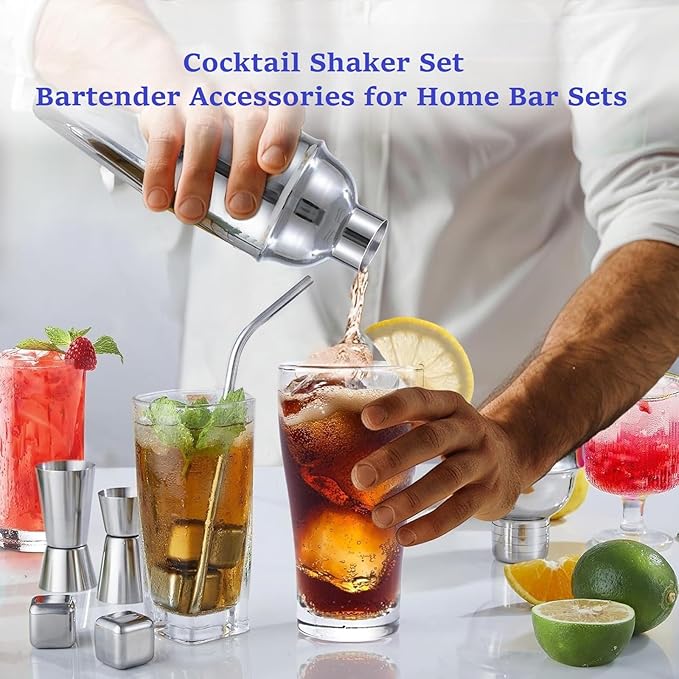 30-Piece Cocktail Shaker Set 25oz Martini Shaker Stainless Steel Mixology Bartender Kit With Rotating Stand For Home Bar Cocktail Set Professional Cocktails Kit for Drink Mixing Gift
