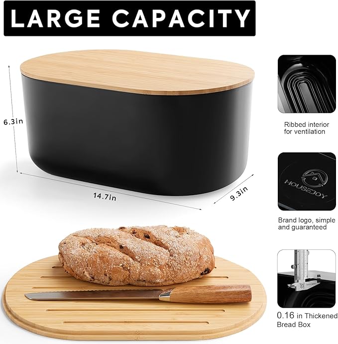 HouseJoy Large Bread Box for Kitchen Countertop,Fiber Bread Box With Cutting Board Lid,Black Bread Storage for Homemade Container,Corner Bread Holder for Toast Bagel Donut Cookies