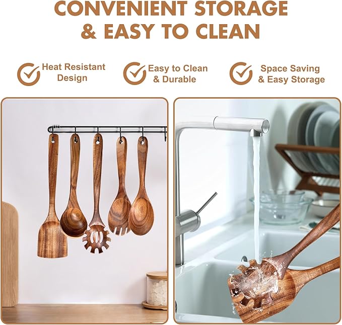 5Pcs Wooden Cooking Utensils Set, Natural Acacia Wood Utensils Set for Cooking, Non-Stick Wooden Kitchen Utensils Set, Heat-Resistant Kitchen Tool Set with Wooden Spoon, Spatula, Ladle, Pasta Server