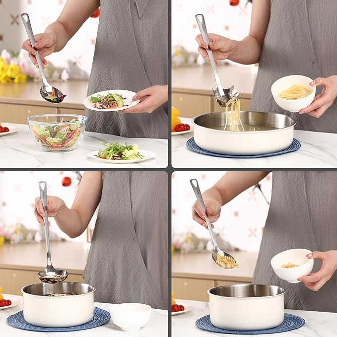 4PCS Cooking Utensils Set, Stainless Steel Kitchen Utensils Set, Durable Kitchenware Set for Cooking, Utensils Set with Slotted Serving Spoon, Spaghetti Fork, Ladle, Solid Serving Spoon