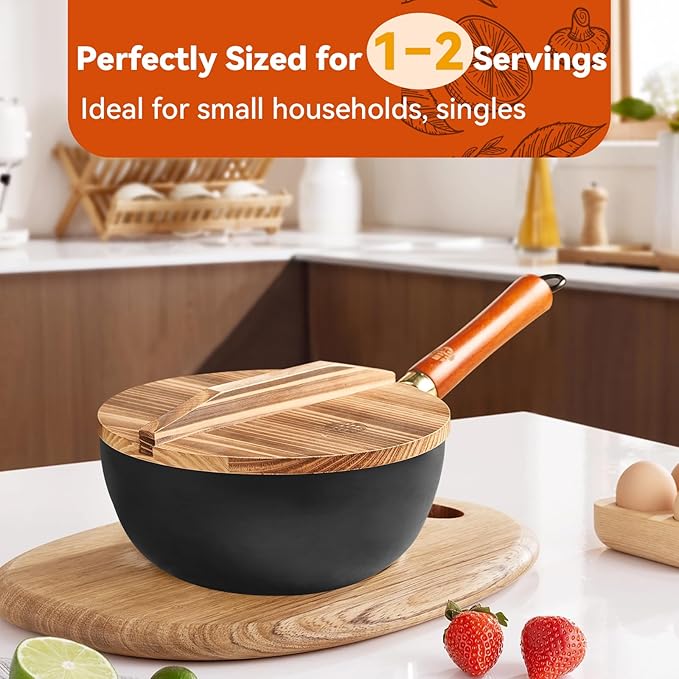 WANGYUANJI 8.6-Inch Small Iron Wok with Wooden Lid and Stainless Spatula, Deep Flat Bottom One-Person Stir Fry Pan, Coating-Free Carbon Steel Wok for Induction, Gas and Electric Stoves