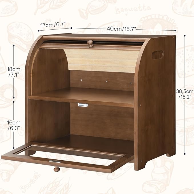 HOOBRO Bread Box, Bamboo Bread Box for Kitchen Countertop, 2 Tier Roll-Top Bread Bin, Food Storage Box, Large Capacity Keeper, Wooden Storage Cabinet, for Kitchen, Dining Room, Brown BR13MB01