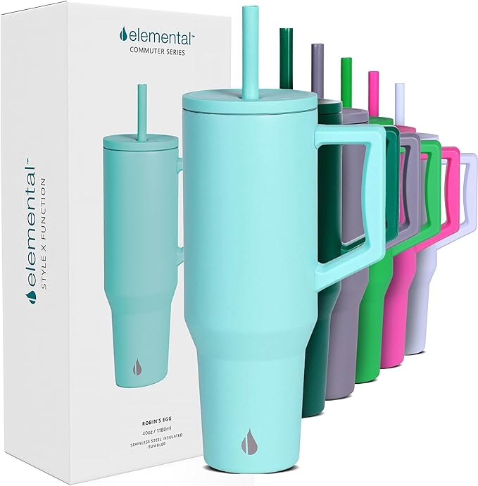 Elemental 40oz Tumbler with Handle and Straw - Spill Proof Insulated Stainless Steel Commuter for Hot & Cold Beverages - Travel Coffee Mug with 2 Straws & Spill Proof Lid - 40 oz - Robin's Egg