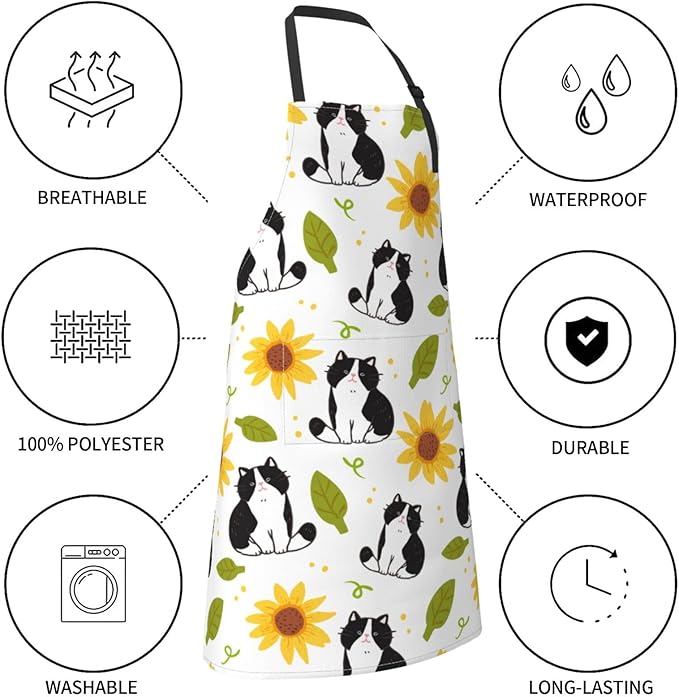 Cat and Dogs Animals Adjustable Bib Neck Chef Aprons, Kitchen Bbq Waterproof Apron with 2 Pockets For Mom Dad