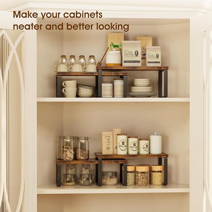 Homeiju Kitchen Cabinet Organizer 15.75'' Width,Set of 4 Cabinet Shelf Organizers,Stackable & Expandable Kitchen Countertop Organizer,Spice Rack for Pantry Countertop Cupboard Cabinet Desk Top