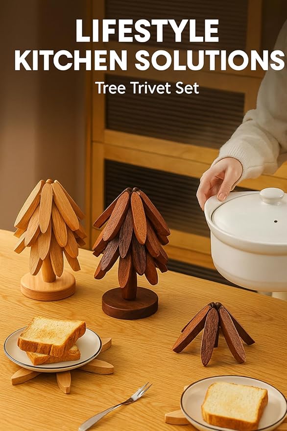 Natural Walnut Wood Tree Trivet Set – 3 Foldable Wooden Trivets with Stand, Handmade Heat Resistant Coasters for Hot Dishes, Pots & Pans, Premium Kitchen Décor Gift