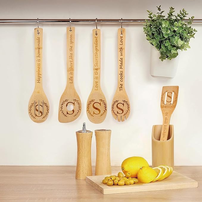 5PCS Initial Wooden Cooking Spoons Initial Letter Kitchen Decor Gifts Personalized Monogrammed Birthday Gifts for Women Mom Friend Housewarming Wedding Bamboo Cooking Spoons