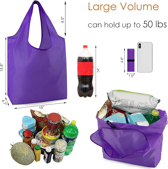 BeeGreen Purple Reusable Shopping Bags for Groceries 10 Pack Reusable Grocery Bags Washable 50LBS Folding with Zipper Carry Pouch Tote DIY Gift Bags Durable Polyester