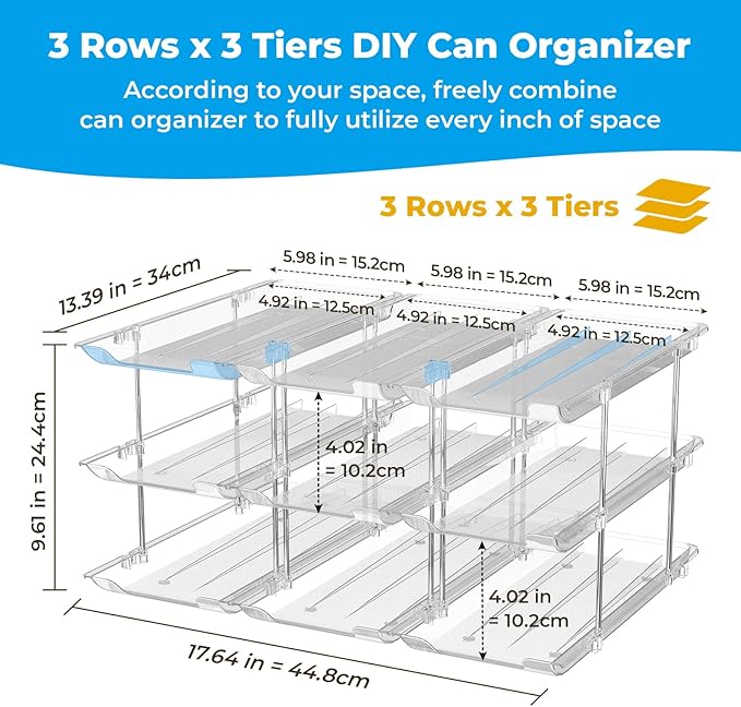 Stackable 3 Tiers Can Organizer Pantry, Canned Food Holder for Fridge Holds 36 Cans, Free Combination & Automatic Rolling, Space Saving Storage for Refrigerator Kitchen Pantry, Clear
