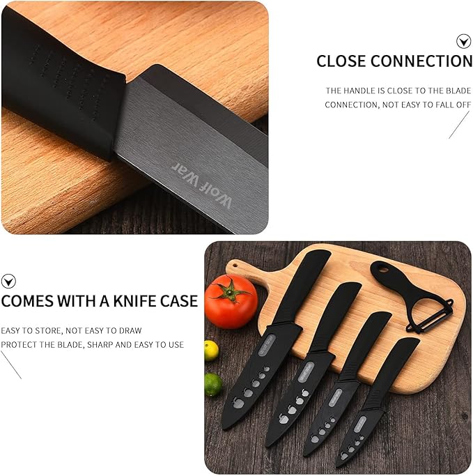 Ceramic Knife, Ceramic Knife Set with Protective Cover, Kitchen Knife Set with 4-Piece Knife and 1 Peeler, Chef's Knife Sets for Meat, Fruit, Vegetables - Black