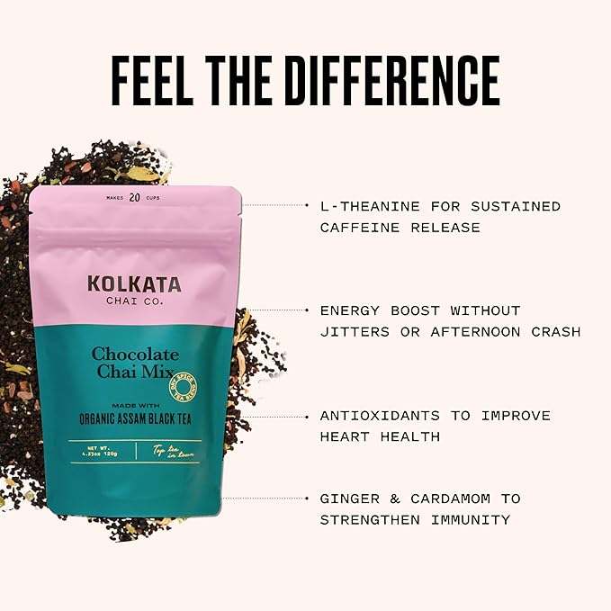 Kolkata Chai Chocolate Chai mix, 100% Organic Black Tea, Makes 20 cups, Premium loose leaf tea and spice blend, All Natural, 4.23 oz