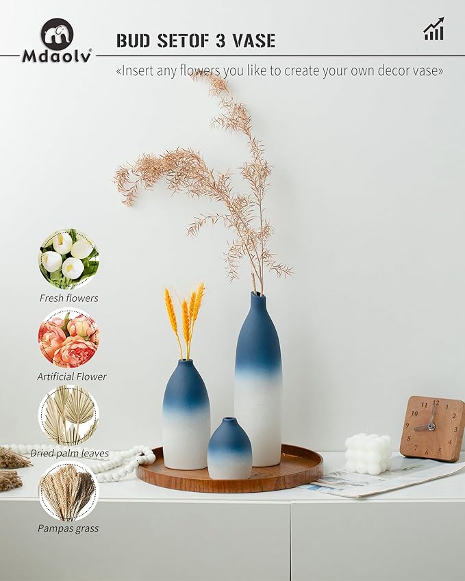 Blue and White Vase Set Navy Blue Decor Coastal Decor Vases for Kitchen Island Living Room Office Table Fireplace Mantle Decorations & Bathroom Shelf Decor Centerpiece Table Decorations Ceramic