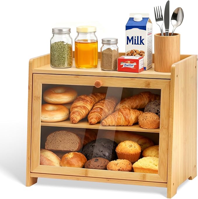 Bamboo Bread Box for Kitchen Countertop, Double Layer Large Capacity Bread Storage Cabinet with Removable Cutting Board, Farmhouse Breadbox Container Organizer Bins for Pantry Shelf Cupboard (Natural)
