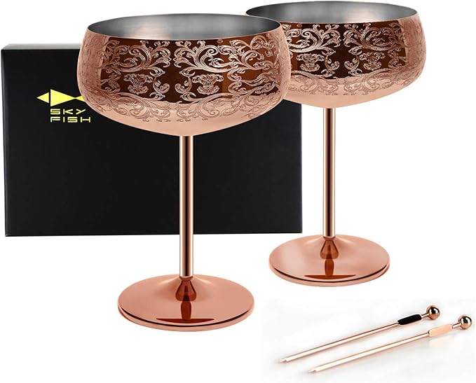 Sky Fish 14 oz Etching Martini Cocktail Glasse,Copper Plated Stainless Steel,Set Of 2 With 2 Cocktail Picks