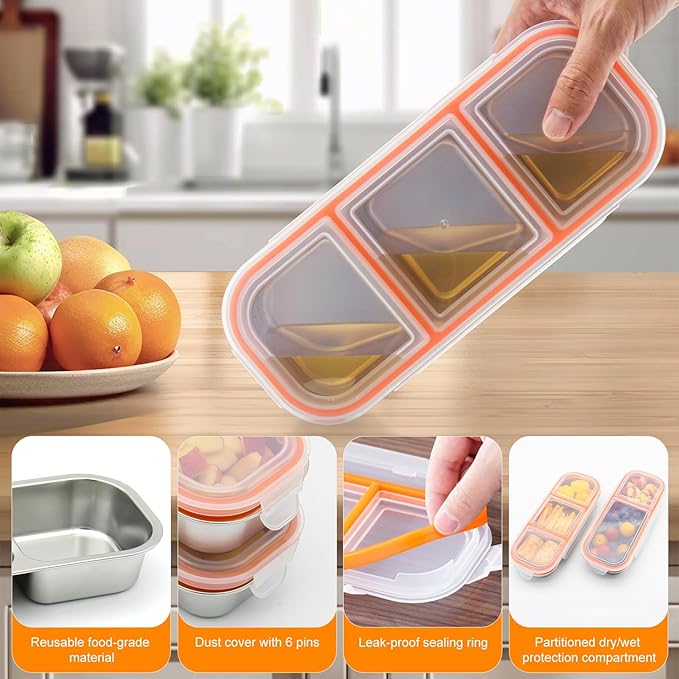 Stainless Steel Snack Containers with Lids, Reusable 3 Compartment Condiment Boxes, Stainless Steel Children's Fruit Box for School,Travel, Office and Outdoors