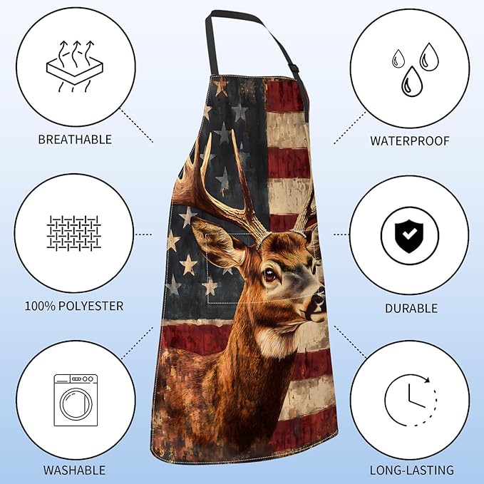 Rustic Deer Apron for Women with American Flag,28x33in,Patriotic Kitchen Aprons with 2 Pockets,Oxford Fabric,Wildlife Adjustable Apron for Cooking Baking Gardening Chef,Gifts for Mom Wife