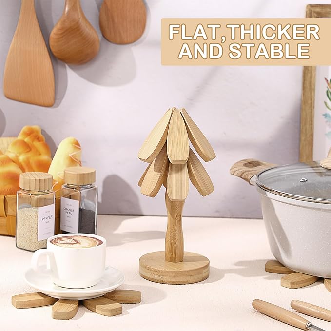 Wooden Christmas Tree Coaster Trivets Wood Trivets Set for Hot Dishes Set of 4 Christmas Tree Shape Foldable Wooden Coaster and 1 Stand Natural Trivet for Cups Plates Bowls Pots(Burly Wood Color)