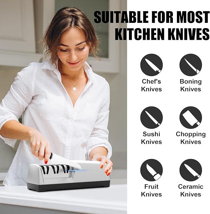 Electric Knife Sharpener for Kitchen Knives - Goodjob Automatic Professional Knife Sharpening System with Diamond Abrasives and Precision Angle Guides, 3 Stage Ceramic Knife Sharpeners Tool