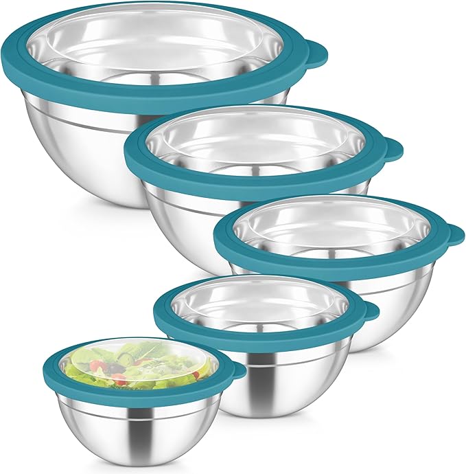 TeamFar Mixing Bowls Set, 4.5/3/1.5/1/0.7 QT Stainless Steel Nesting Salad Bowls with Visible Lids, For Serving Mixing, Non-Toxic & Heavy Duty, Airtight & Easy Clean, Dark Blue, Set of 5