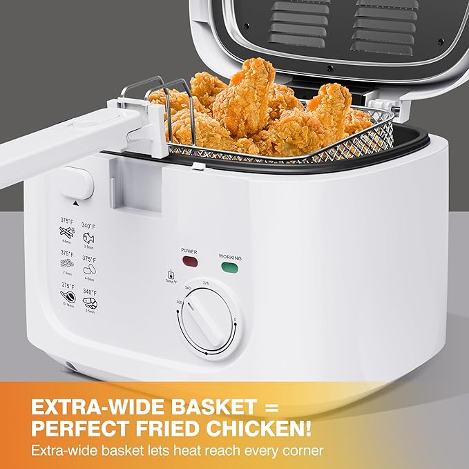 1500W Electric Deep Fryer with Adjustable Temperature Control, 2.5L Non-Stick Basket & Viewing Window, Folding Handle and Locking Cover for Easy Storage, White