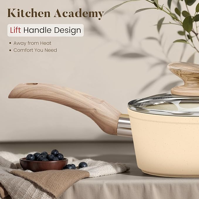 Kitchen Academy Induction Pots and Pans Set Non Stick - 12 Pieces Nonstick Kitchen Cookware Set, Granite Cooking Set Pots and Pans, Beige