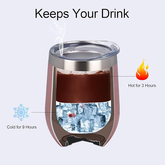 6 Pack Stainless Steel Wine Tumblers, 12Oz Insulated Wine Tumbler, Double Wall Insulated Wine Glass, Stainless Steel Stemless Wine Cups with Lids for Coffee, Wine, Cocktails, Champaign, Rose Gold…