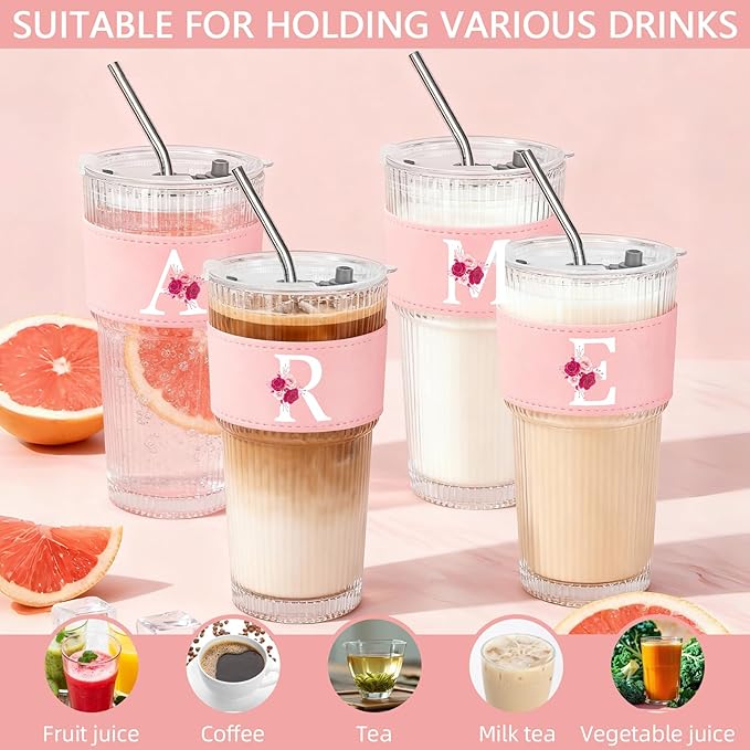 Personalized Gifts for Women,20oz Ribbed Glass Tumbler,Monogrammed Gifts for Women,Birthday Gift,Ice Coffee Mug,Christmas Gift for Mom Sister-R