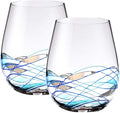 Bezrat Stemless Wine Glasses Set of Two | Hand Painted Large Premium Red and White Wine glasses | Lead-Free Crystal | Essential Wine Gift | 18 Ounces (Blue)