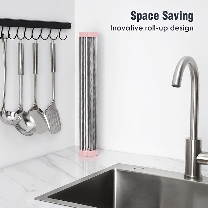 Tomorotec 17.7" x 12.5" Roll Up Dish Drying Rack Over Sink Drying Rack Sink Cover Kitchen Sink Accessories Gadget Multipurpose Organizer Foldable Stainless Steel Drainer