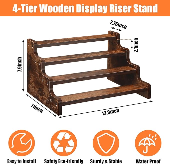 Namalu 2 Pcs 4 -Tier Vintage Spice Rack 13.8 Inch Wood Display Step Shelf Wood Riser Stand Display Shelf, Countertop Spice Storage Holder Rustic Tiered Perfume and Organizer Stand for Candles