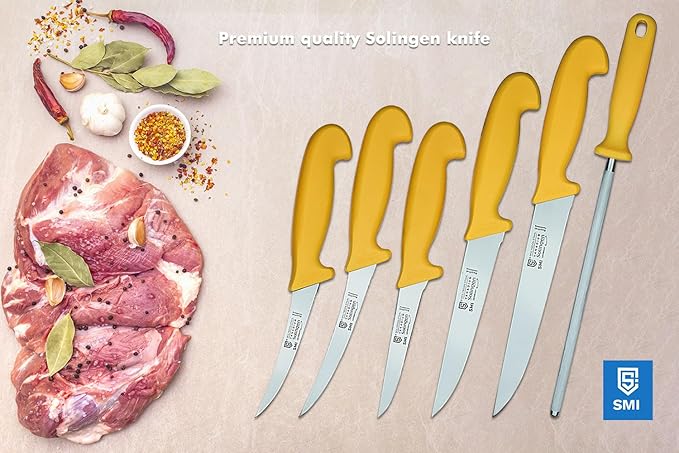 SMI - 6 Pcs Solingen Butcher Knife Set Germany Professional Chef knife Set Boning Knife Sharpening Steel Rod Meat Knife Sharp Kitchen Knives - German steel 1.4116