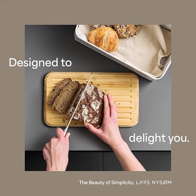 LARS NYSØM Bread Box I Metal Box with linen bag for long lasting freshness I Bread Bin with bamboo lid usable as cutting board I 13.4x7.3x5.3In (Taupe Brown)