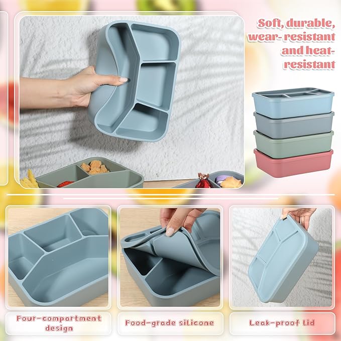 4 Pcs Silicone Bento Box Reusable Lunch Container, 4 Compartment, Food Grade Smooth Leak Proof Lunch Box Rectangle Bento Boxes, Microwave and Dishwasher Safe, for Adult Work Travel Food Storage