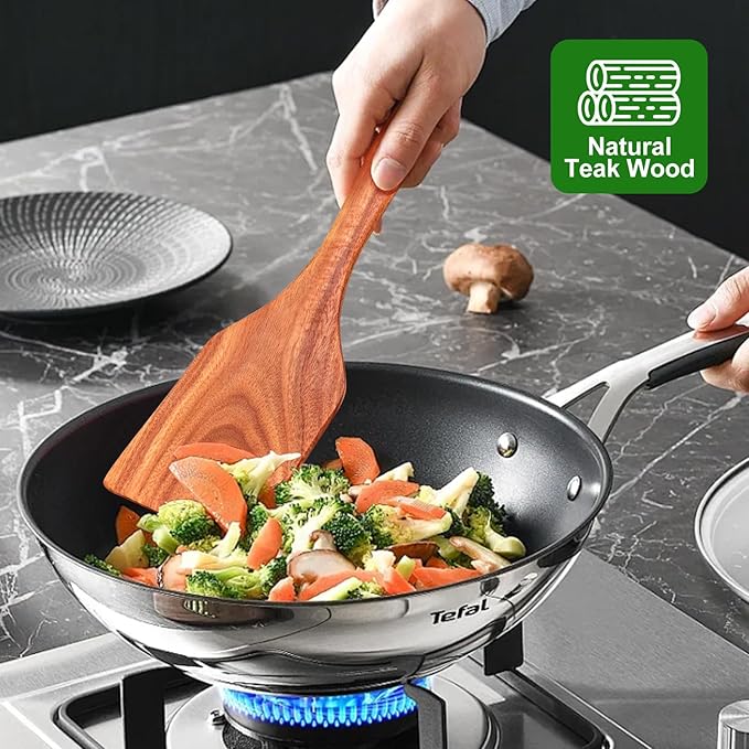 5 Pcs Best Wooden Spoons for Cooking Kitchen Utensil Set Teak Wood Spatula Slotted Spatulas for Nonstick Cookware Pasta Spoon Salad Fork & Spoons Non Toxic Wooden Utensils BPA Free