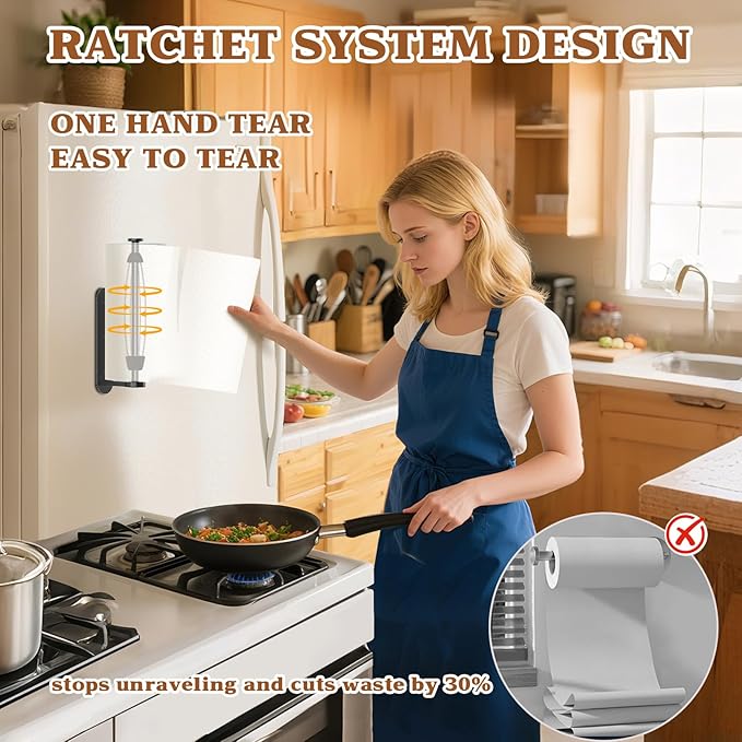 Magnetic Paper Towel Holder, One-Handed Tear, Adhesive, Black, Paper Towel Holder Wall Mount with Ratchet Mechanism for Refrigerator, Camper, Garage, Rv, Kitchen, Bathroom, Farmhouse